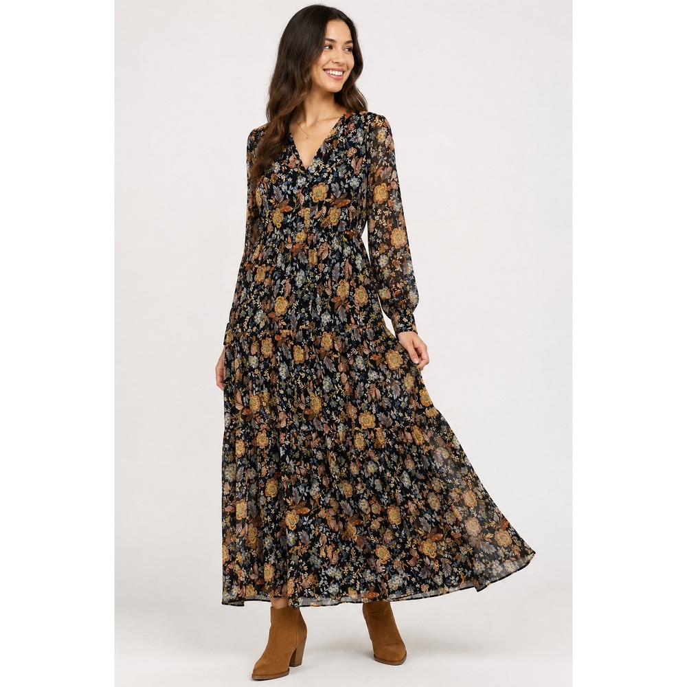 Lucky Brand Floral Maxi Dress Womens Size S Black Boho Tiered Chiffon
